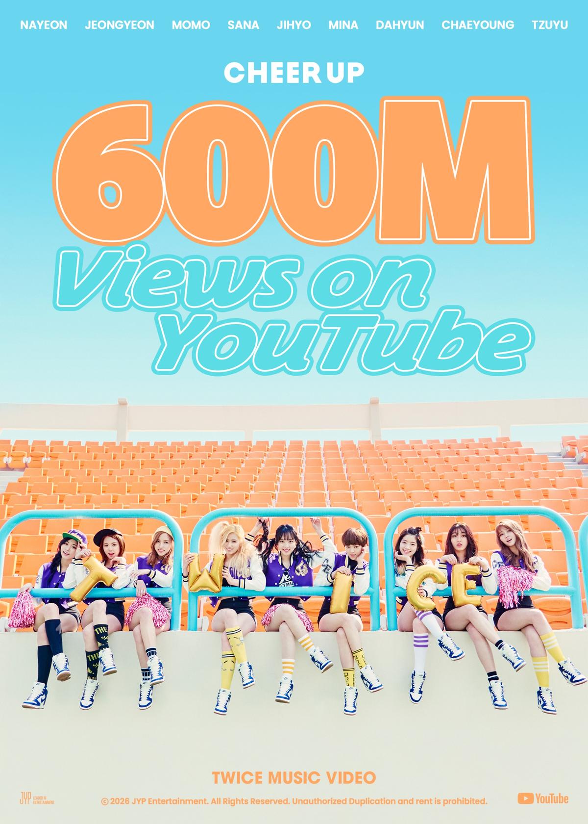 TWICE's “Cheer Up” MV surpasses 600 million views…5th all-time