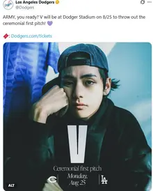 BTS V, sẽ ném bóng khai mạc tại trận đấu sân nhà của MLB Dodgers!