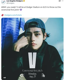 BTS V，將在MLB道奇隊主場比賽中擔任開球嘉賓！