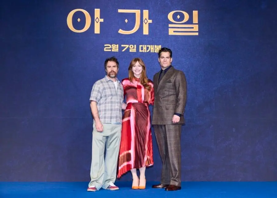 지난주 내한 당시의 샘 록웰, 브라이스 달라스 하워드, 헨리 카빌. 사진제공=유니버설픽처스