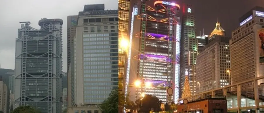 홍콩상하이은행과 오른쪽 만다린오리엔탈호텔의 낮과 밤