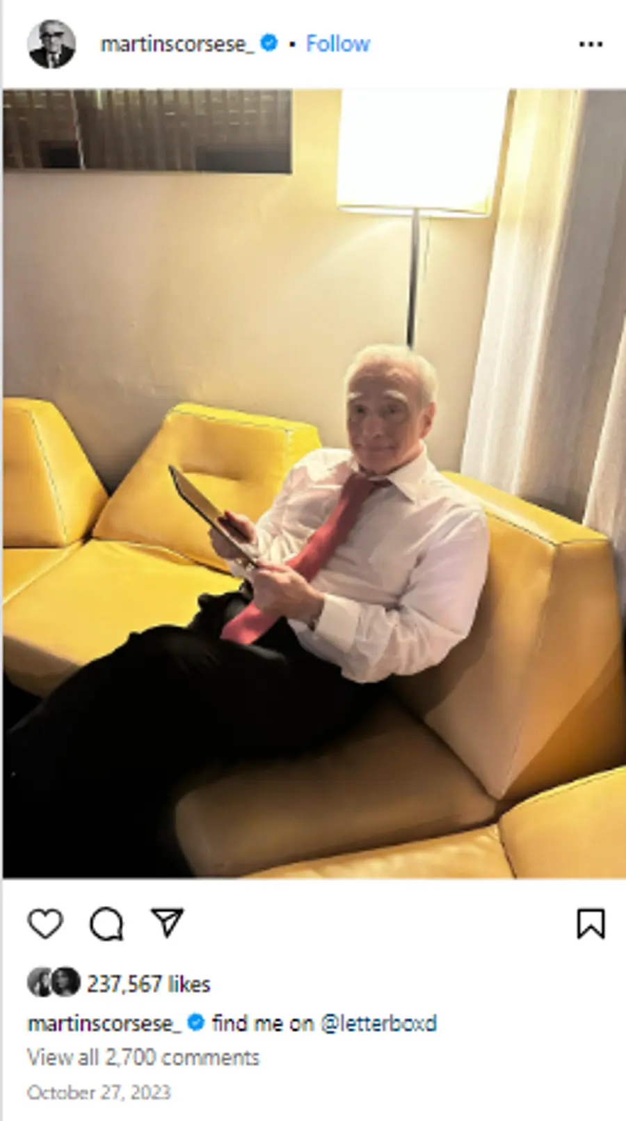 마틴 스코세이지가 레터박스에 가입했음을 알리는 게시물
