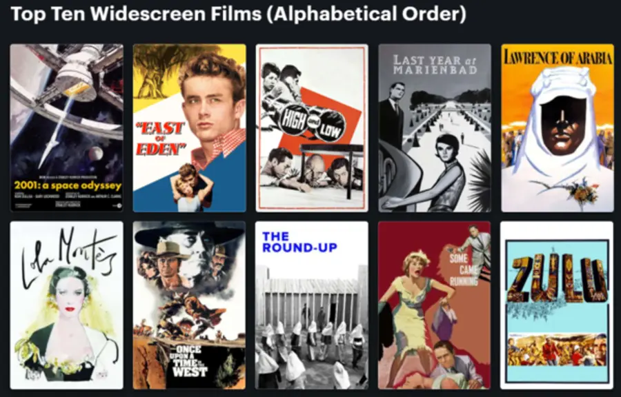 마틴 스코세이지의 ‘최고의 와이드스크린 영화 10편’(Top Ten Widescreen Films) 리스트.