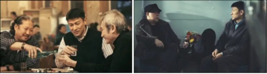 유덕화 양 옆의 홍금보와 서극 감독(왼쪽 사진), 그리고 우정 출연한 황추생(오른쪽 사진의 왼쪽)