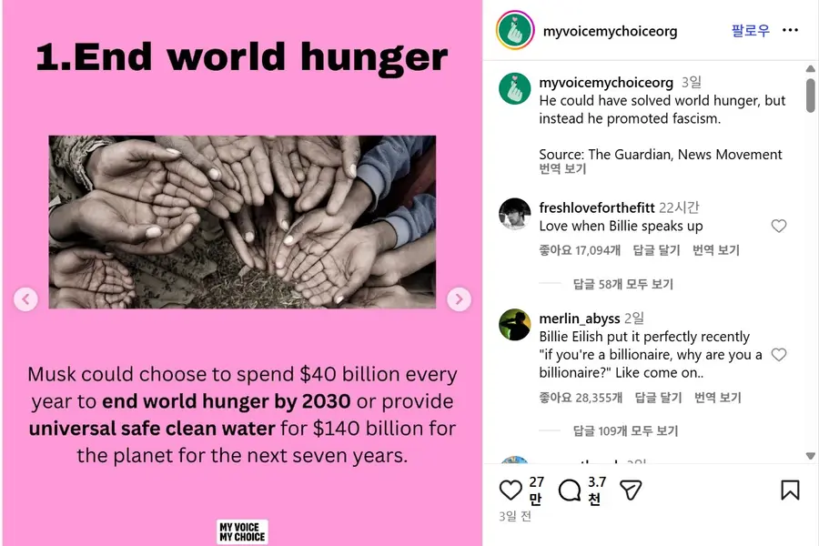 An online post from an American social movement organization urging Musk to donate ['My Voice, My Choice' Instagram capture]