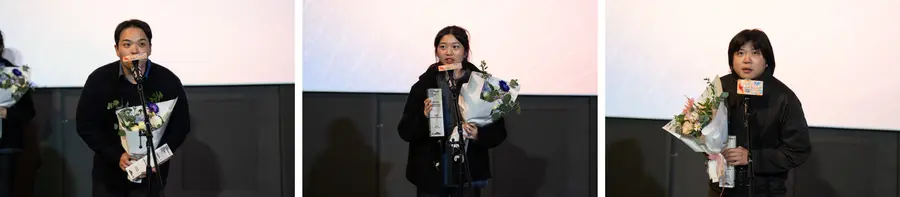 ソウル独立映画祭2025独立スター賞受賞者と熱血スタッフ賞受賞者。(左から)独立スター賞〈カンイとドゥギ〉俳優ノ・サンヒョン、〈山羊たち〉俳優パク・ヒョウン、熱血スタッフ賞〈ヒレ〉パク・セヨン監督