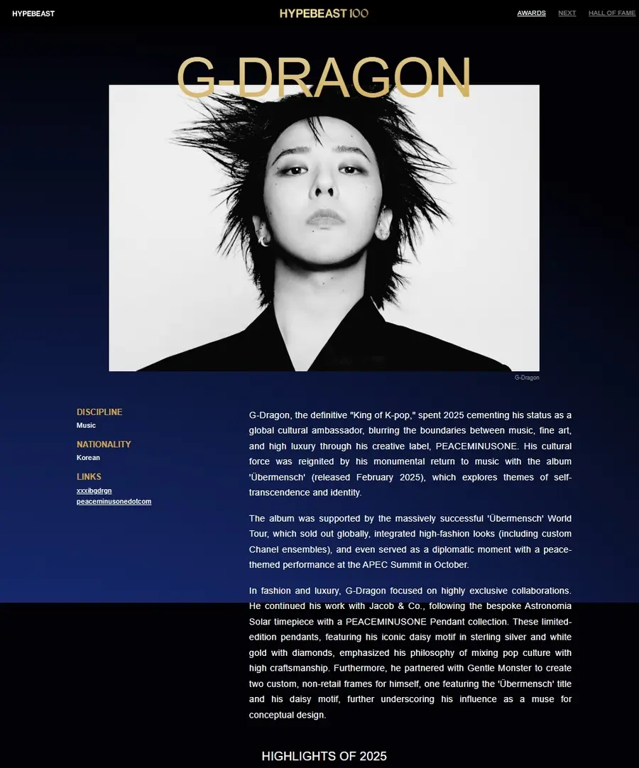 G-Dragon Selected for Hypebeast 100 in the U.S. [Hypebeast Provided]