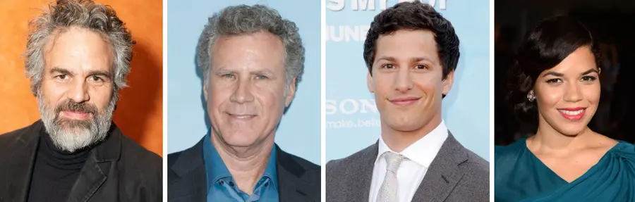 Actors Mark Ruffalo, Will Ferrell, Andy Samberg, and America Ferrera participating in the English dub of 〈Arco〉