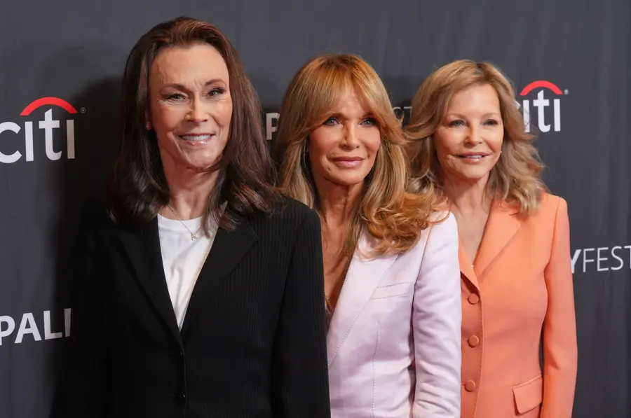 On Monday, April 6, 2026, at the 50th anniversary celebration event of the iconic TV series ‘Charlie’s Angels’ at the Dolby Theatre in Los Angeles, at the ‘PaleyFest LA’ event, cast members including Kate Jackson, Jaclyn Smith, Cheryl Ladd, from the left, are posing together. (AP Photo/Chris Pizzello)