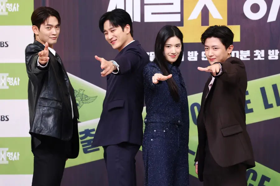 Actors Kang Sang-joon (left to right), Ahn Bo-hyun, Jeong Eun-chae, and Kim Shin-bi at the press conference for 'Jae-bol X Detective 2'