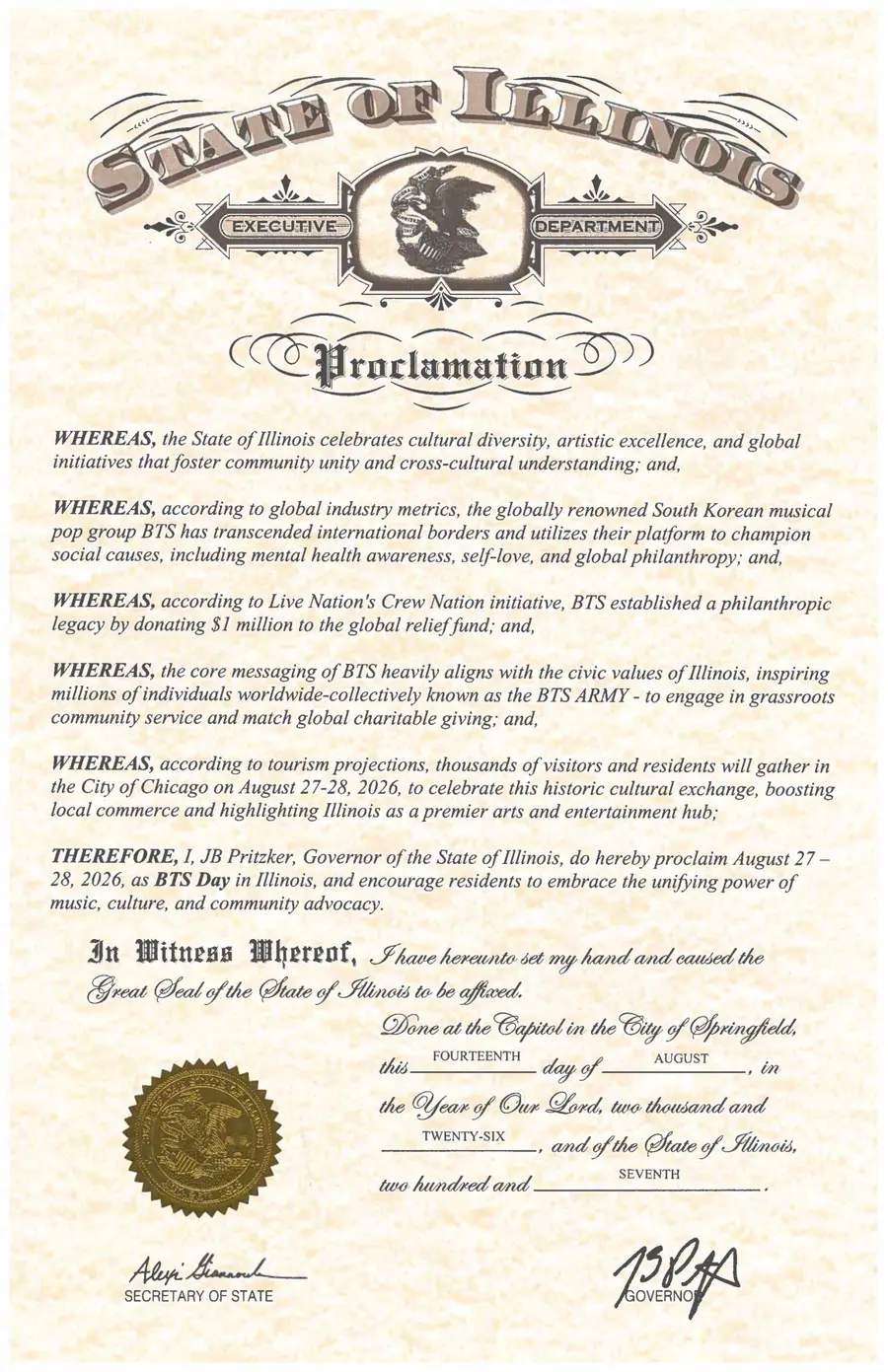 Proclamation designating BTS Day in Illinois [Provided by BigHit Music. Resale and database use prohibited]