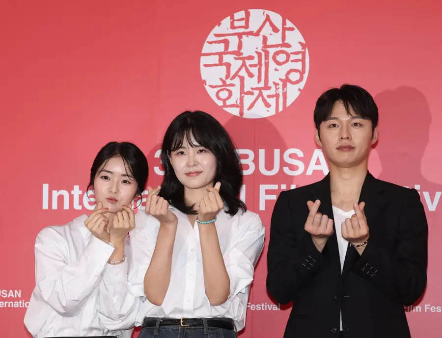 Actress Park Han-sol (from left), director Im Ha-yeon and actor Kim Woo-gyeom at a press conference for the 31st Busan International Film Festival film That Day’s Tae-joo. 2026.10.11