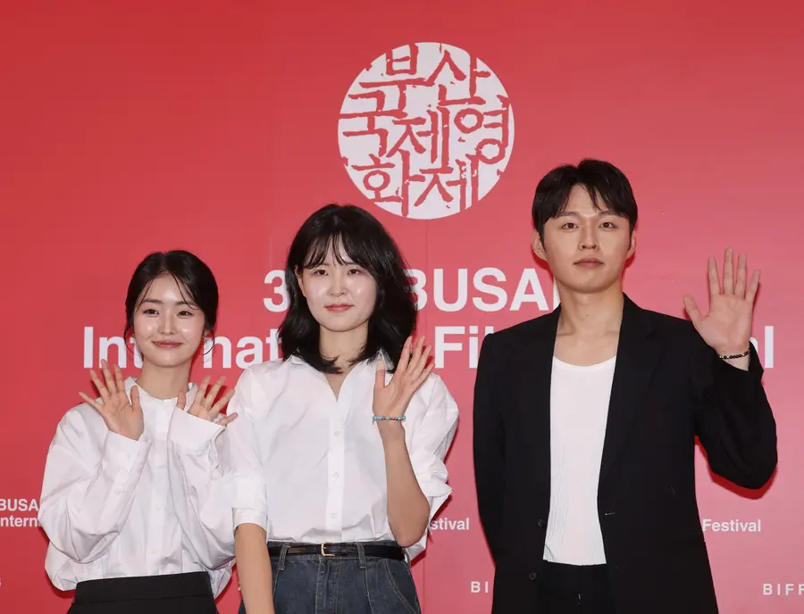 Actress Park Han-sol (from left), director Im Ha-yeon and actor Kim Woo-gyeom at a press conference for the 31st Busan International Film Festival film That Day’s Tae-joo. 2026.10.11
