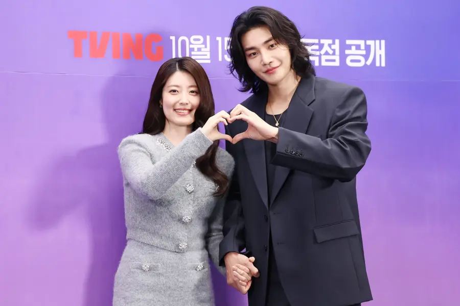 Actress Nam Ji-hyun and actor Kim Jae-young _ TVING original series ‘Let Me Tremble’ production presentation at Stanford Hotel in Mapo-gu, Seoul, Oct. 14, 2026
